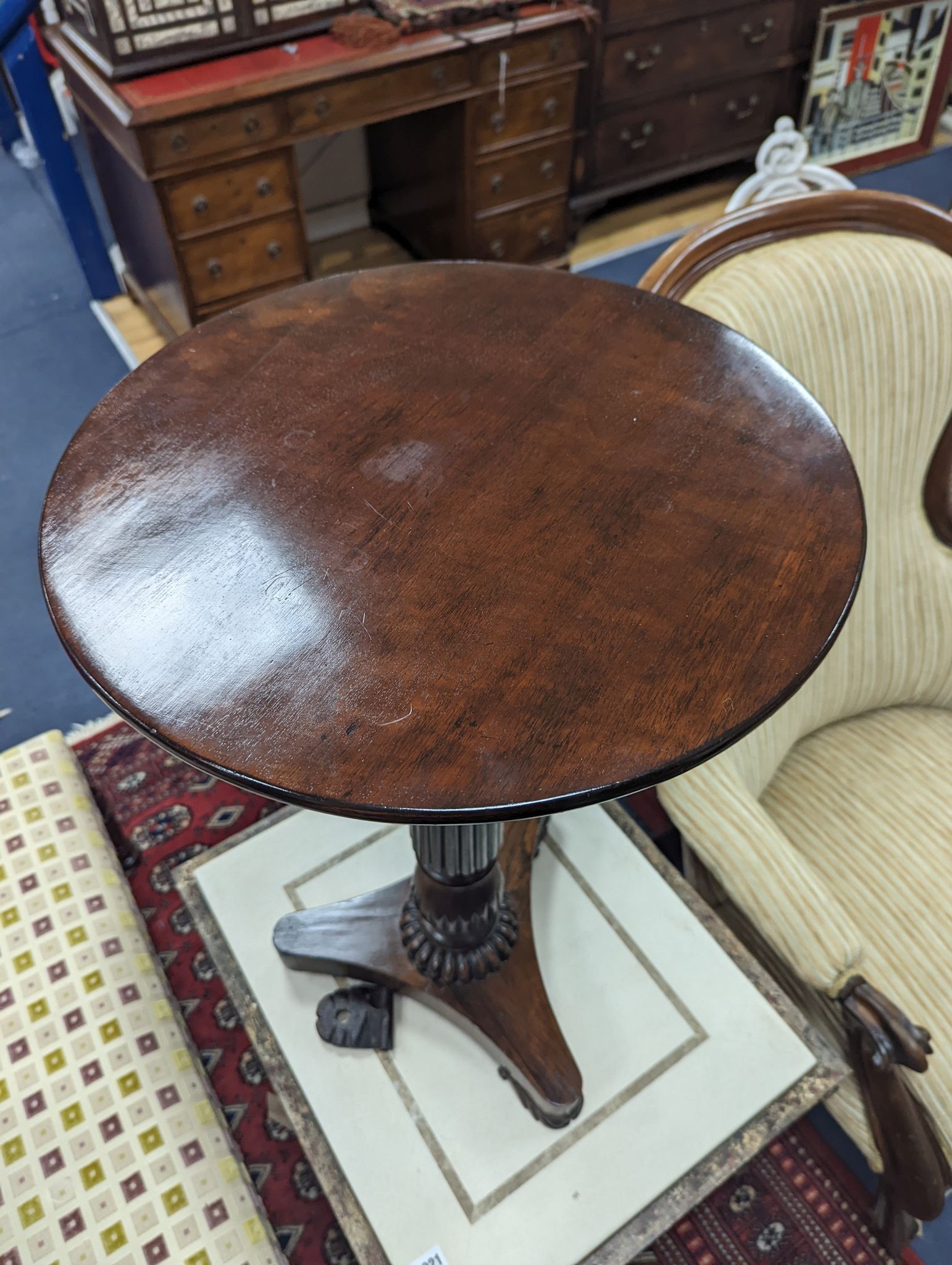 A Regency and later circular mahogany and rosewood wine table, diameter 45cm, height 69cm